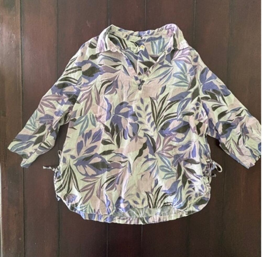 C&C California 100% Linen Tropical Leaf Tunic Blouse Women's 1X Purple Green